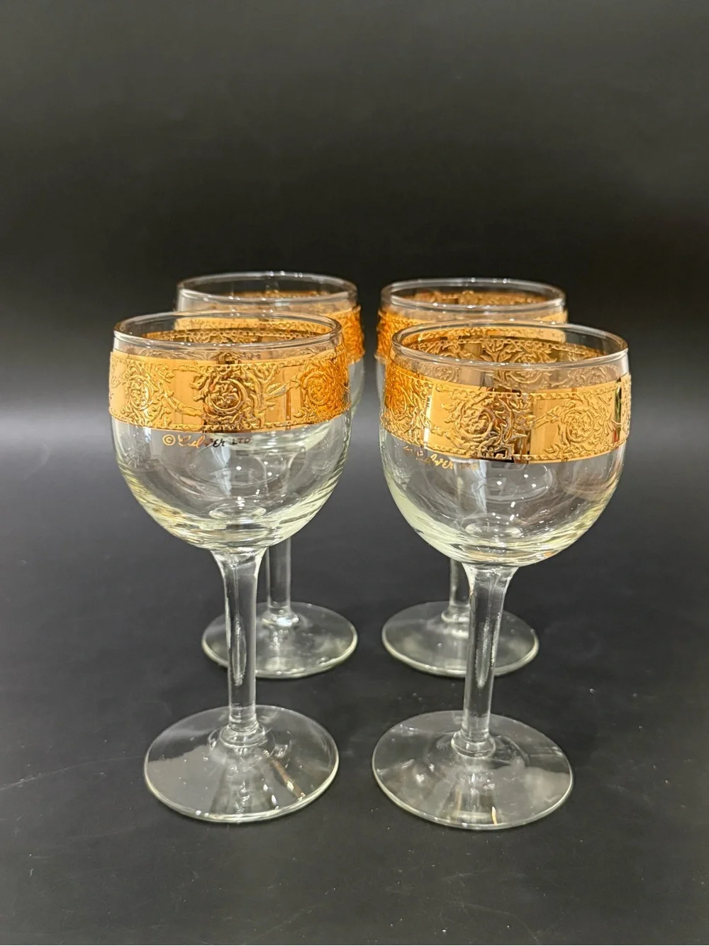 Lot of 4 Vintage MCM Culver Tyrol 22k Gold Gilt 5.75” Stemmed Wine Glasses